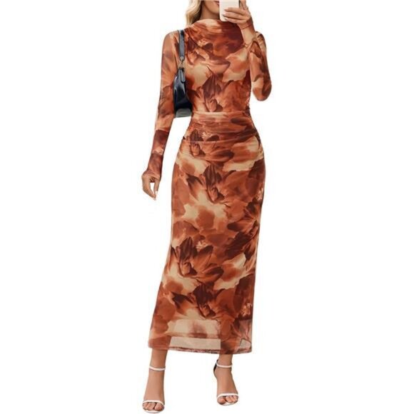 Women's Long Sleeve Maxi Dress Orange Brown - Picture 1 of 5